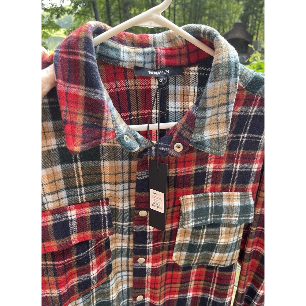 NovaMen Split Plaid LS Woven Shirt Black Red White Polyester Pockets Men XXL NWT